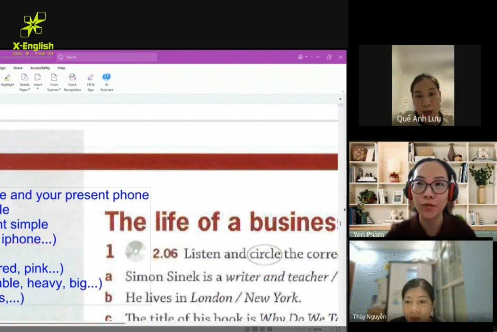 Lớp 4-5 người hoặc 1:1. Lớp học tại X-ENGLISH